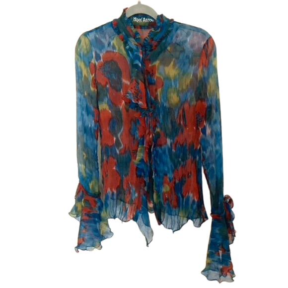 Yigal Azrouel 100% Silk, Sheer Color Splash Blouse - Picture 2 of 7